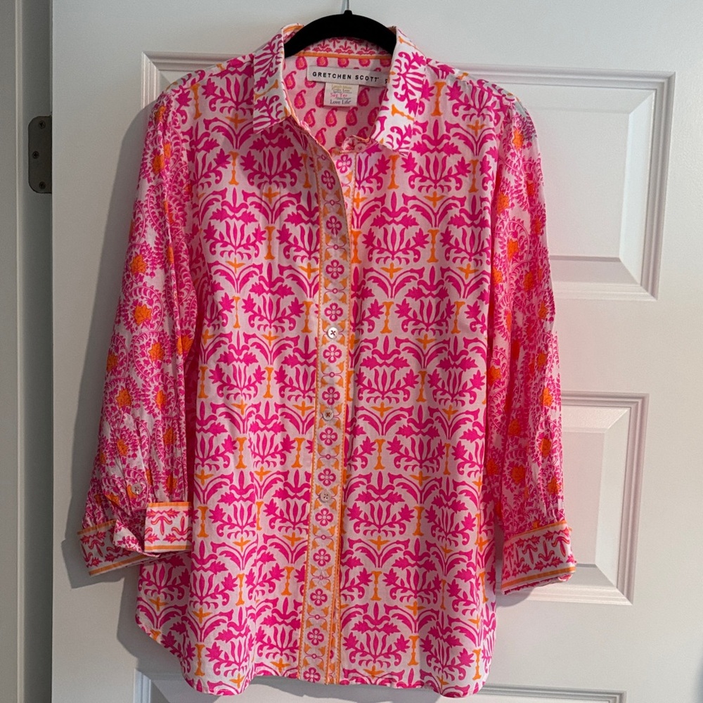 Gretchen Scott Designs Pink and Yellow Boyfriend Shirt-XL